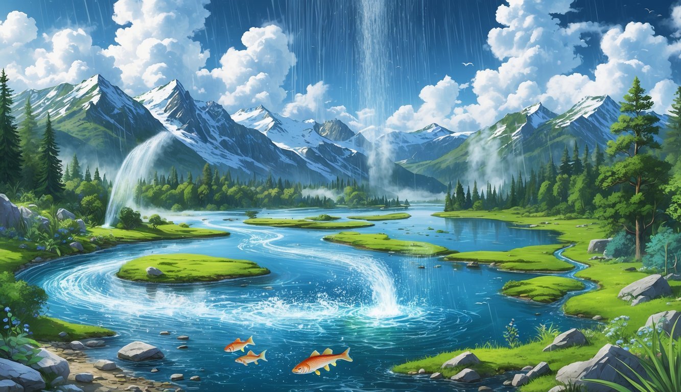 Prikaz prirodnog kruženja vode s rijekom, planinama, oblacima, kišom, jezerom i šumom.