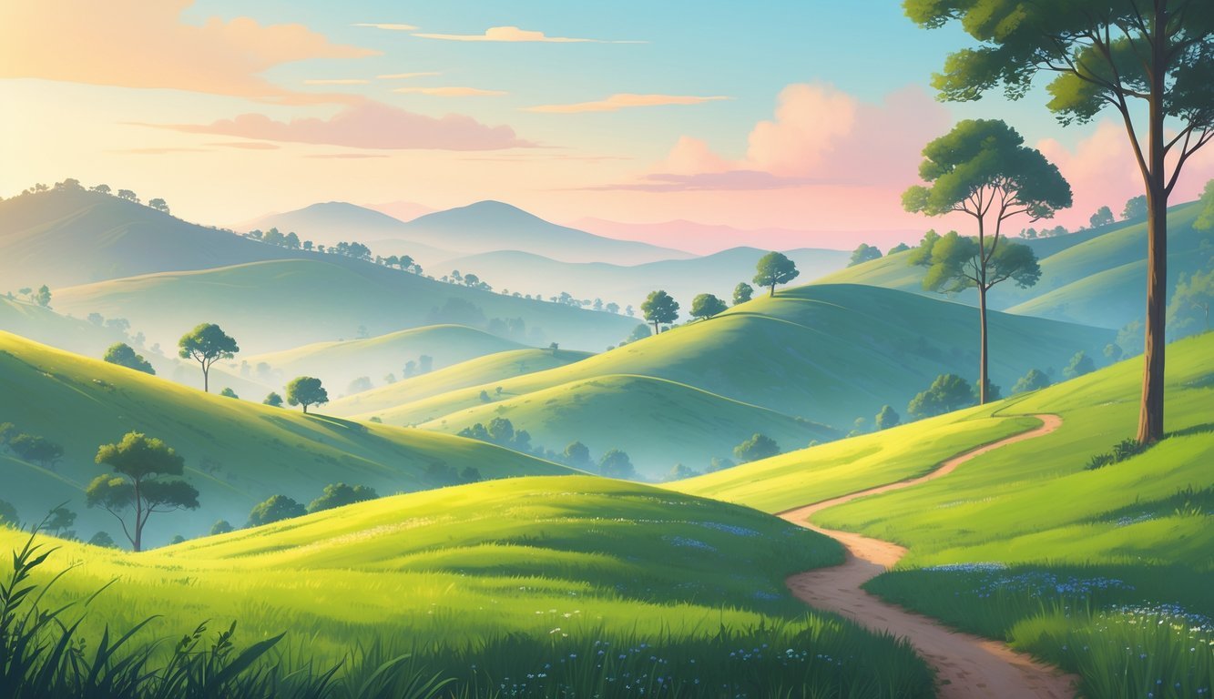 Pogled na brežuljkasti krajolik s blagim zelenim brežuljcima, stazom i drvećem pod jutarnjim nebom.