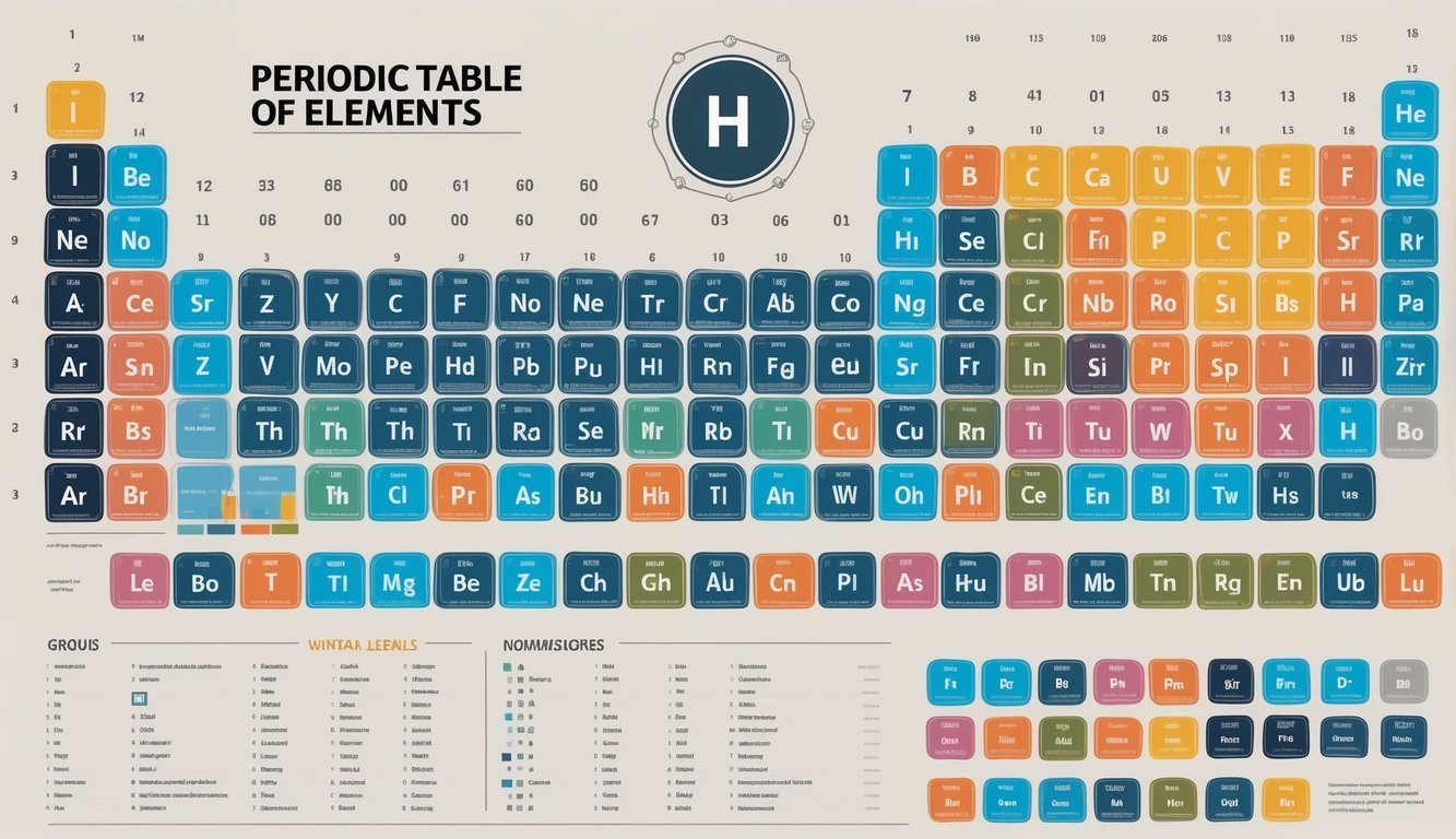 Ilustracija periodnog sustava elemenata s rasporedom elemenata u blokovima različitih boja.
