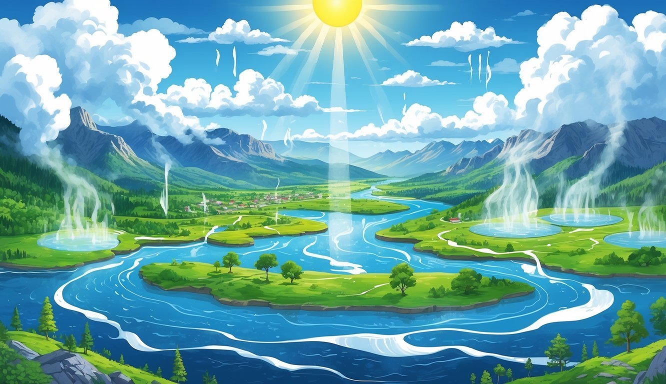Prikaz prirodnog kruženja vode sunca, oblaka, kiše, rijeka, jezera, planina i šuma.