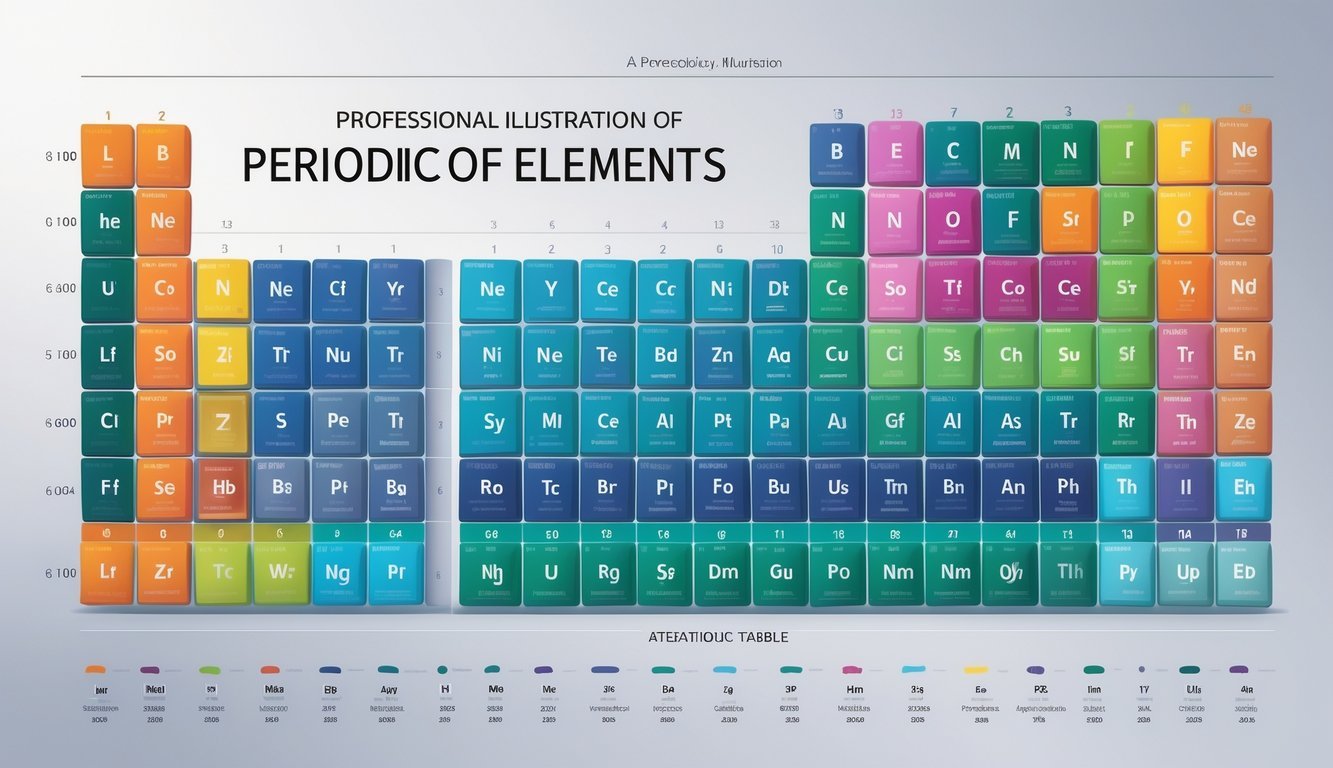 Ilustracija periodnog sustava elemenata prikazuje raspored elemenata u tablici s različitim bojama koje označavaju skupine elemenata.