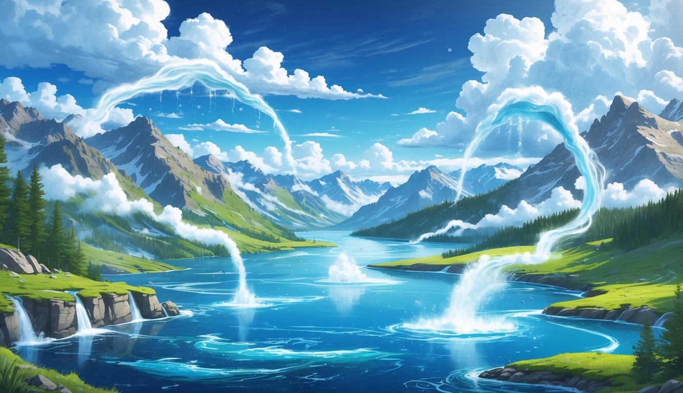 Prikaz glavnih procesa kruženja vode u prirodi s jezerom, planinama, oblacima, kišom i rijekama.