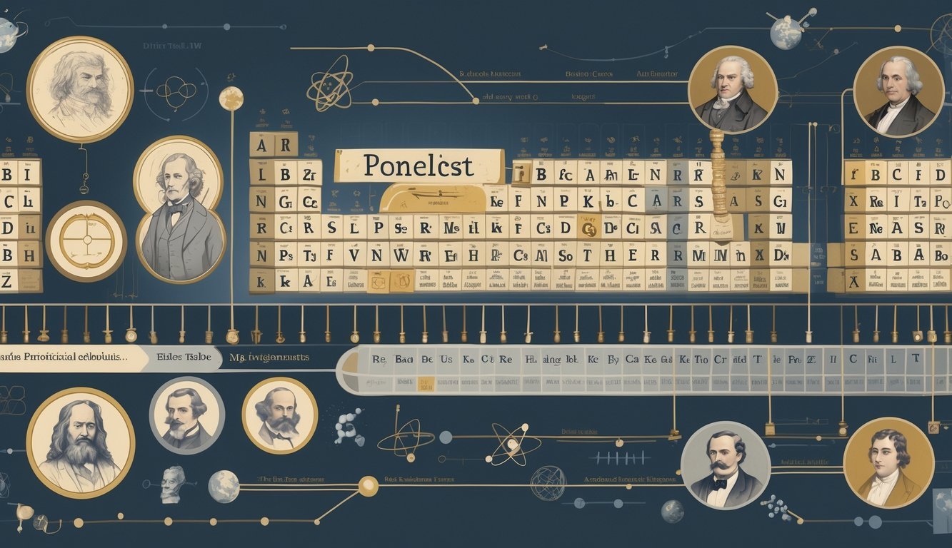 Ilustracija koja prikazuje povijest i razvoj periodnog sustava elemenata kroz vremensku crtu s prikazom znanstvenika, starih simbola i različitih verzija periodnog sustava.