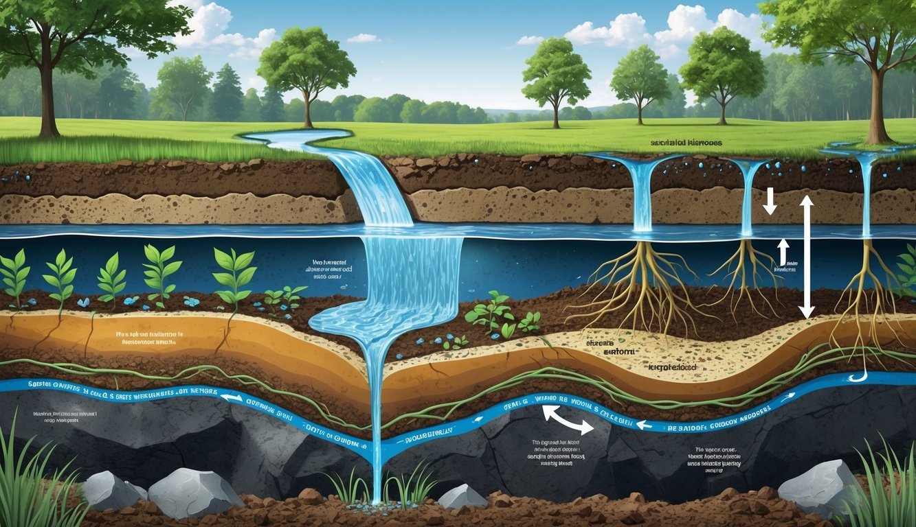 Prikaz kretanja vode kroz tlo i podzemlje s prikazom kiše, tla, korijenja biljaka i podzemnih voda.