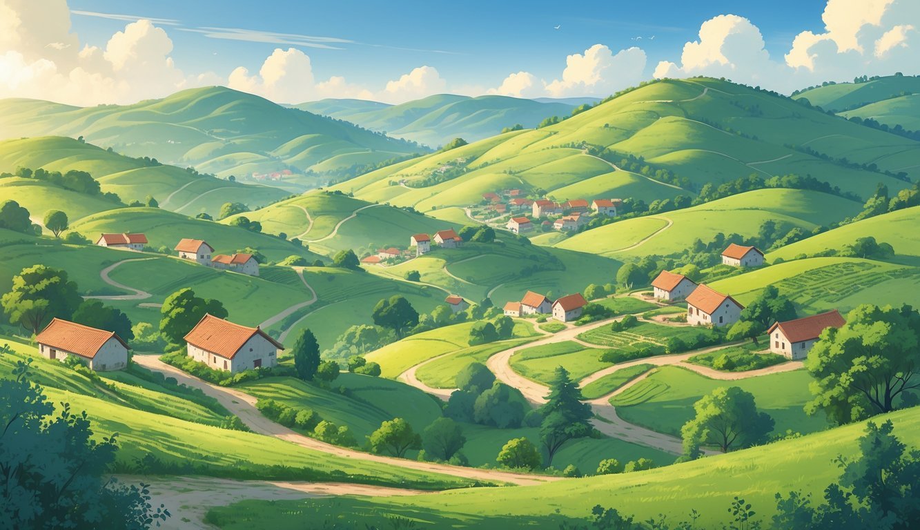 Pogled na brežuljkasti krajolik s nekoliko malih sela, kućama, poljima i zelenim brežuljcima pod plavim nebom.