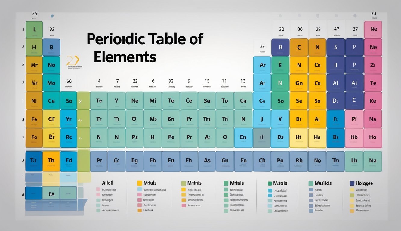 Ilustracija organiziranog prikaza periodnog sustava elemenata u obliku tablice s jasno istaknutim grupama i razdobljima.