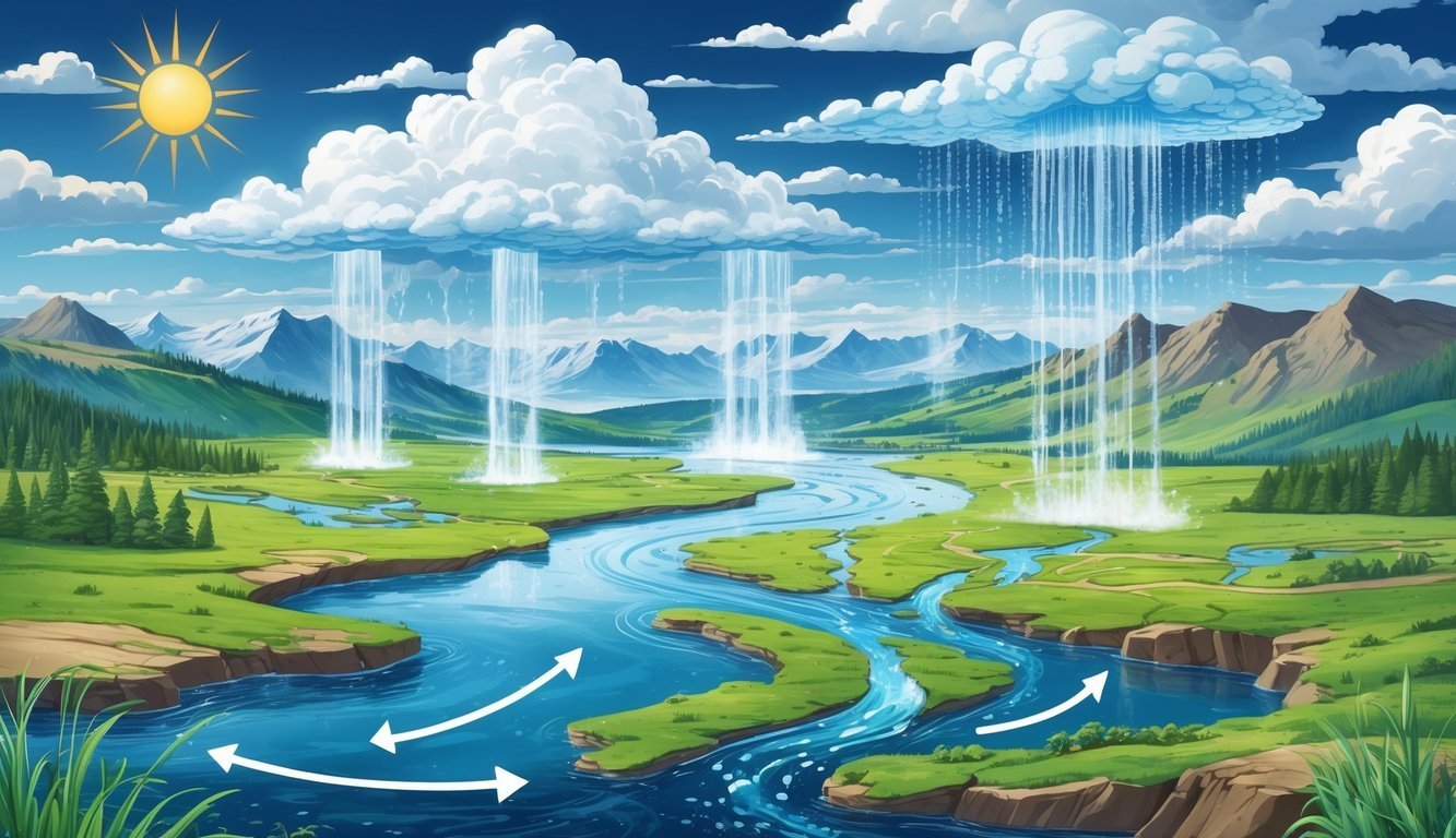 Prikaz kruženja vode u prirodi s jezerom, oblacima, kišom, rijekama, biljkama i podzemnom vodom.