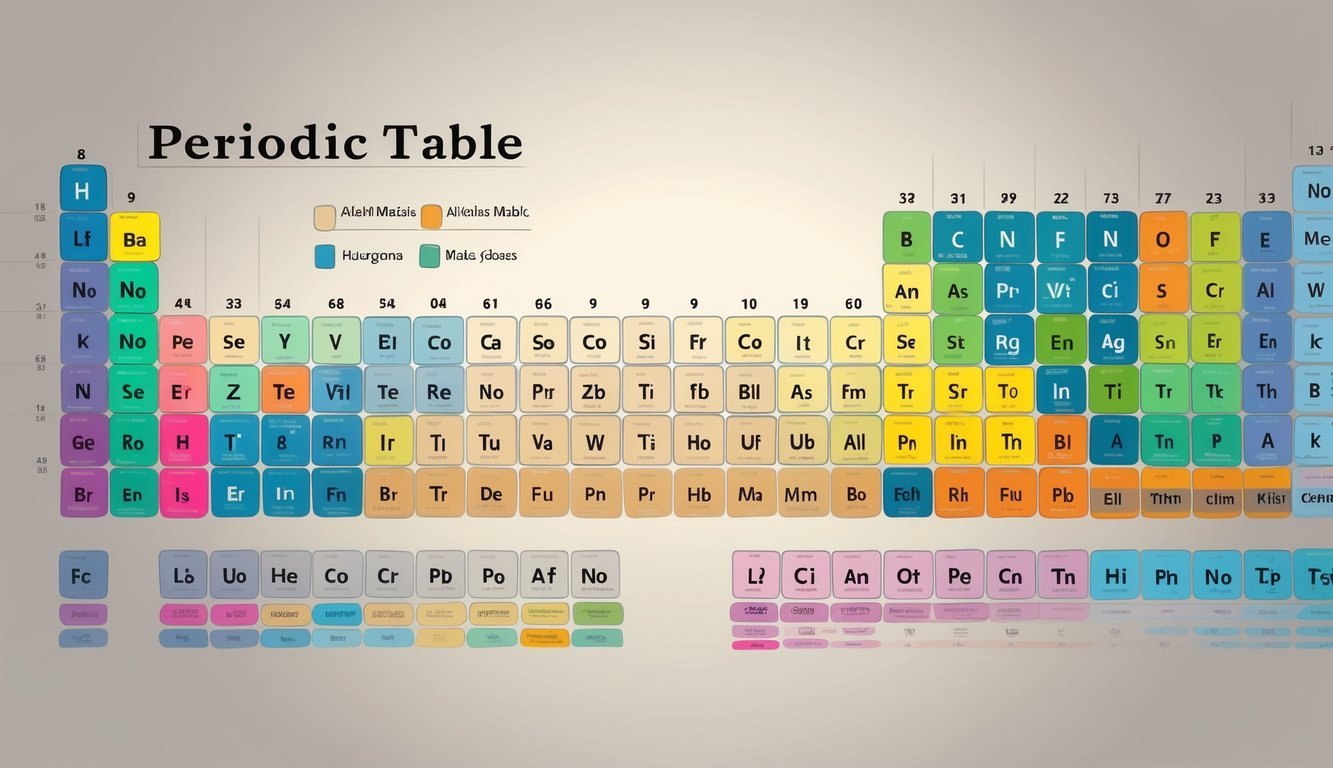 Ilustracija periodnog sustava elemenata s istaknutim glavnim skupinama i karakterističnim elementima.