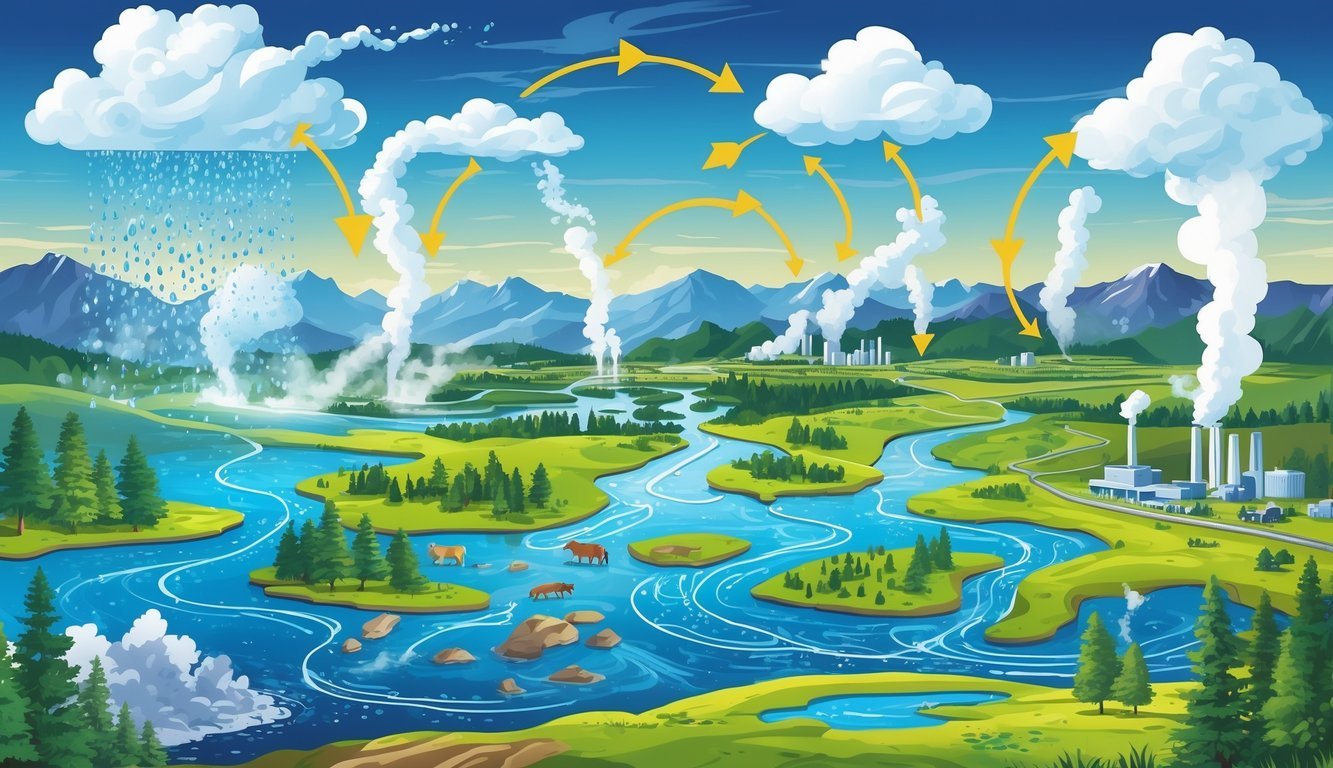 Prikaz prirodnog ciklusa vode s isparavanjem, oblakom, kišom, rijekom i biljkama te ljudskim aktivnostima poput tvornica, poljoprivrede i gradova.