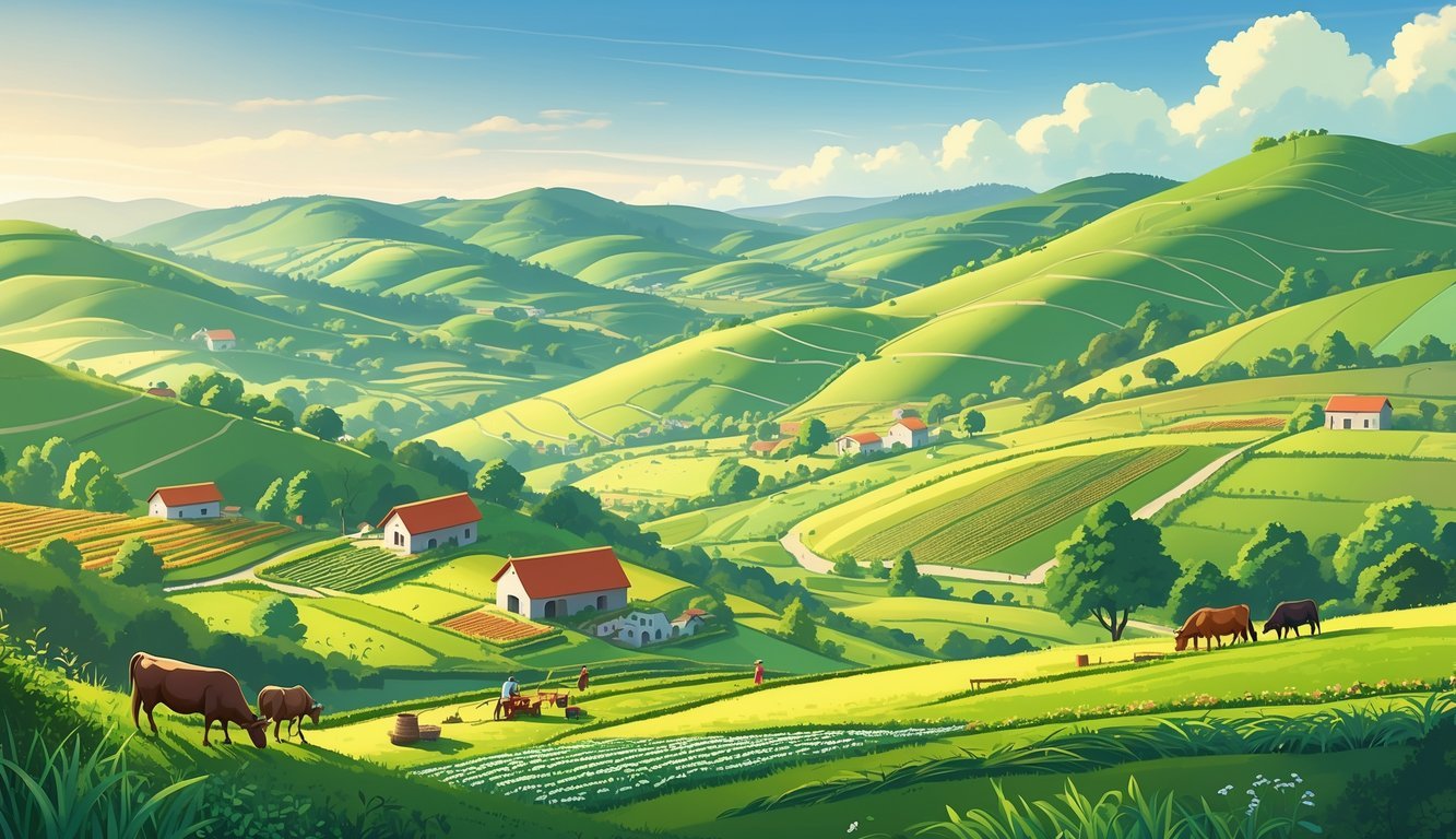 Brežuljkasti krajolik s poljima, farmama i stočarstvom u ruralnom području.