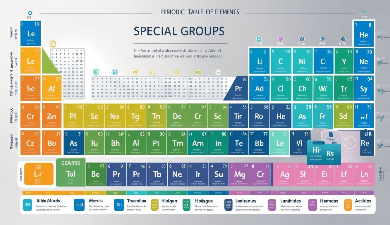 Ilustracija periodnog sustava elemenata koja prikazuje posebne skupine elemenata istaknute različitim bojama i jasno odvojene.