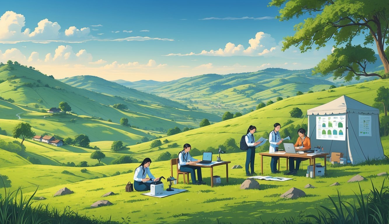 Pogled na brežuljkasti krajolik s istraživačima i studentima koji proučavaju prirodu i rade na terenu.