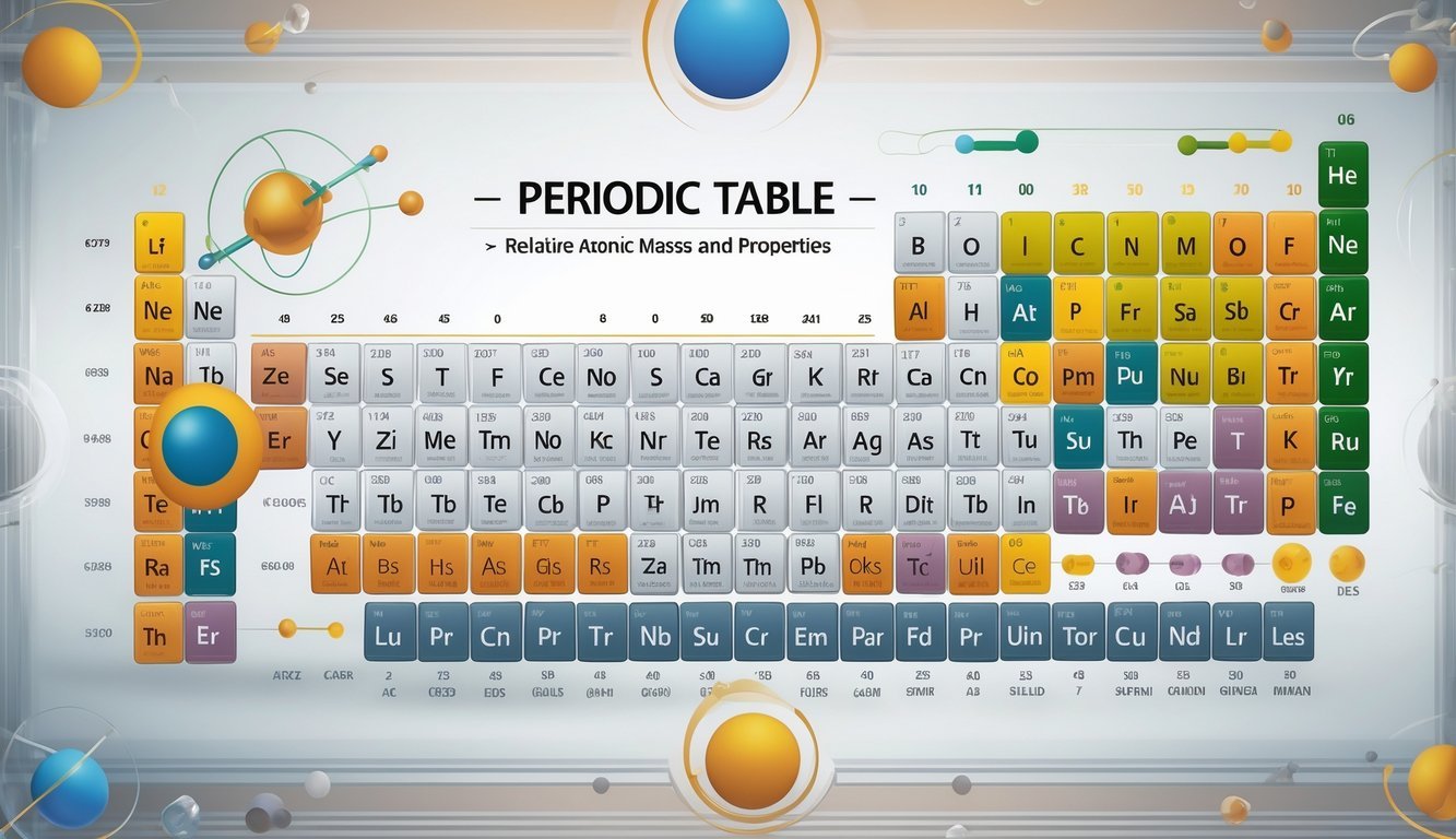 Ilustracija periodnog sustava elemenata sa prikazom atomske mase i svojstava elemenata.