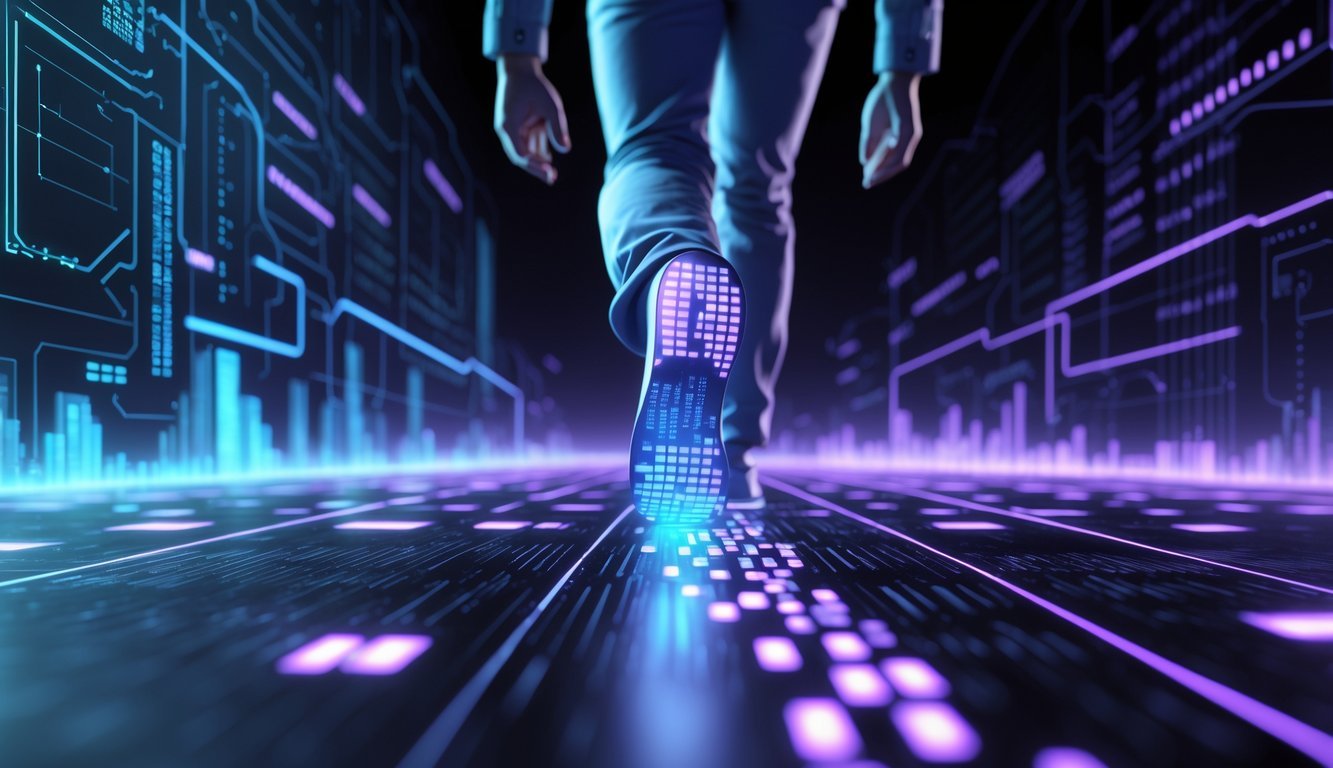 Ljudi lik koji hoda ostavljajući svjetlucave digitalne otiske stopala u obliku binarnog koda na tamnoj pozadini s uzorkom elektroničkih sklopova.