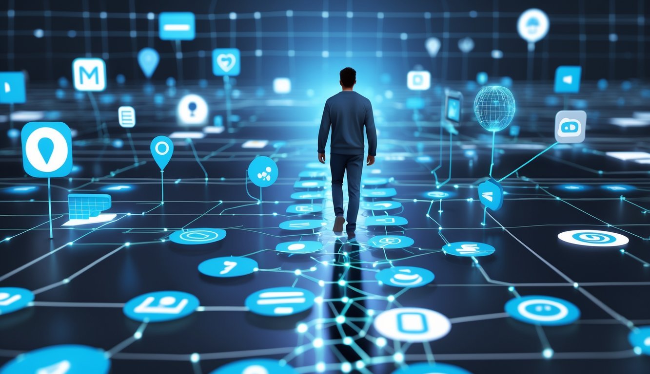 Ljudi koji hodaju po svjetlećem digitalnom putu sastavljenom od simbola internetskih aktivnosti i povezanih mreža.