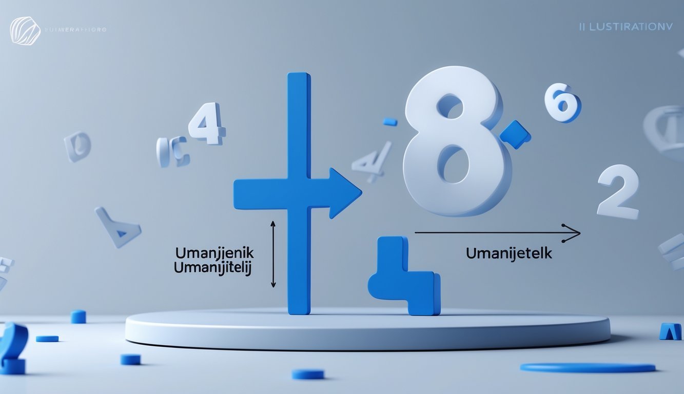 Ilustracija prikazuje matematički koncept umanjenika i umanjitelja s prikazom brojeva i simbola oduzimanja.