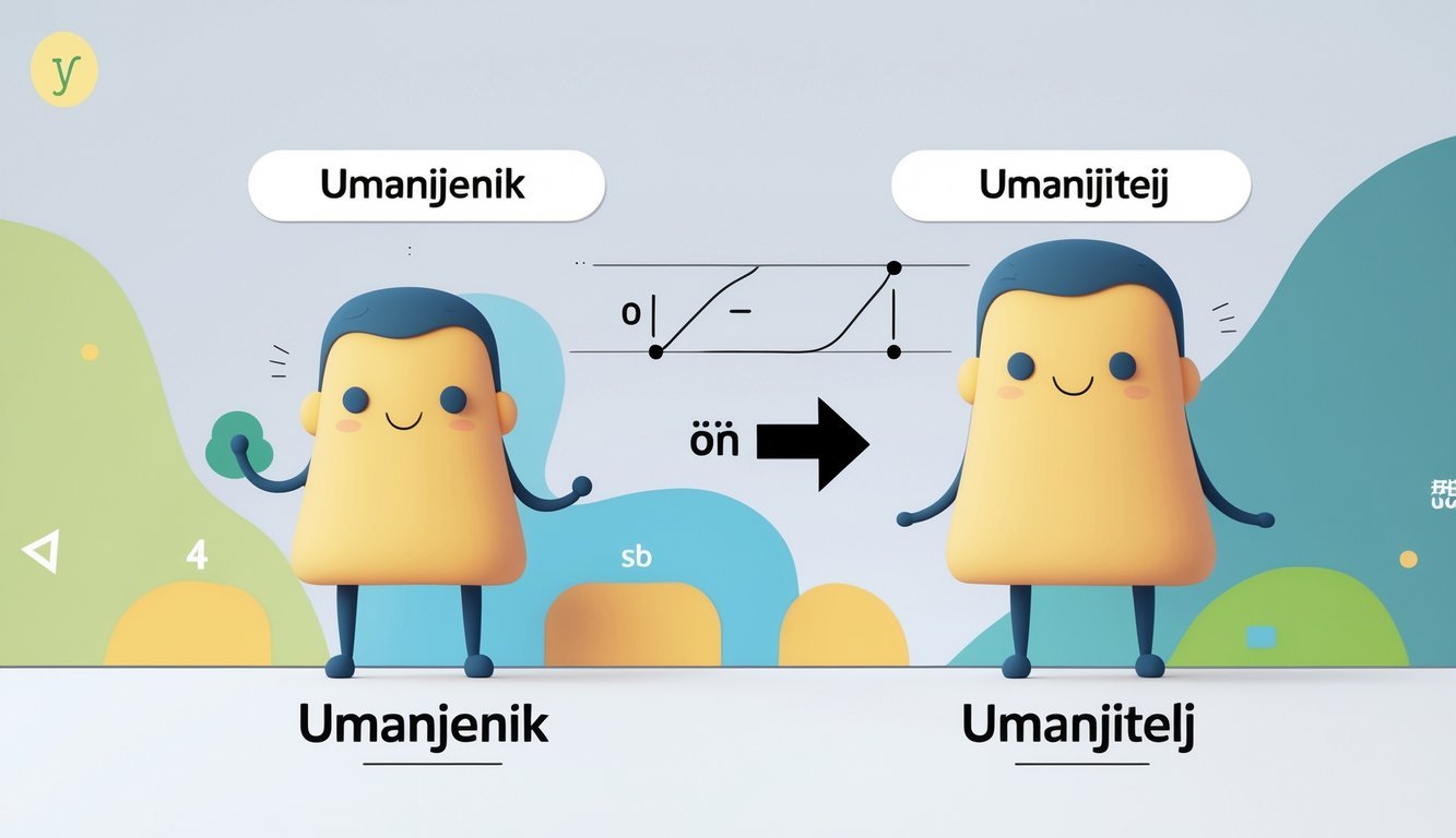 Ilustracija koja prikazuje dva simpatična lika koji predstavljaju pojmove umanjenik i umanjitelj te njihov odnos kroz simbol razlike.