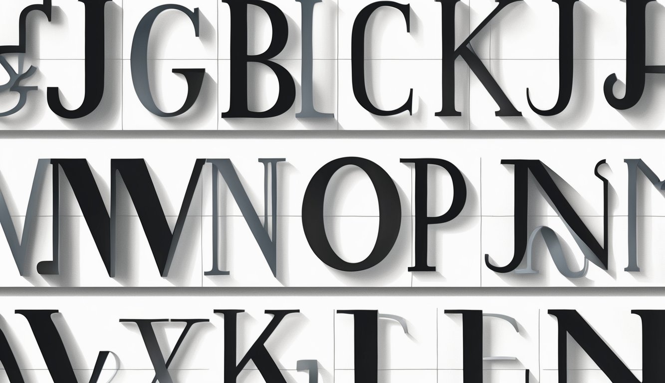 Prikaz različitih tiskanih slova raspoređenih uredno na bijeloj pozadini.