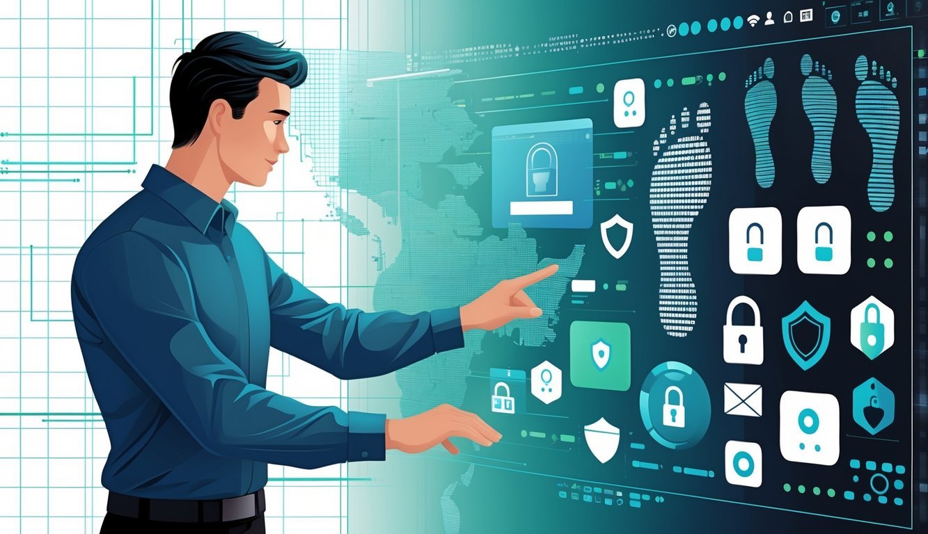 Osoba koristi digitalni sučelje s ikonama otisaka stopala, zaštitnih simbola i mrežnih veza koje predstavljaju zaštitu i upravljanje digitalnim tragovima.