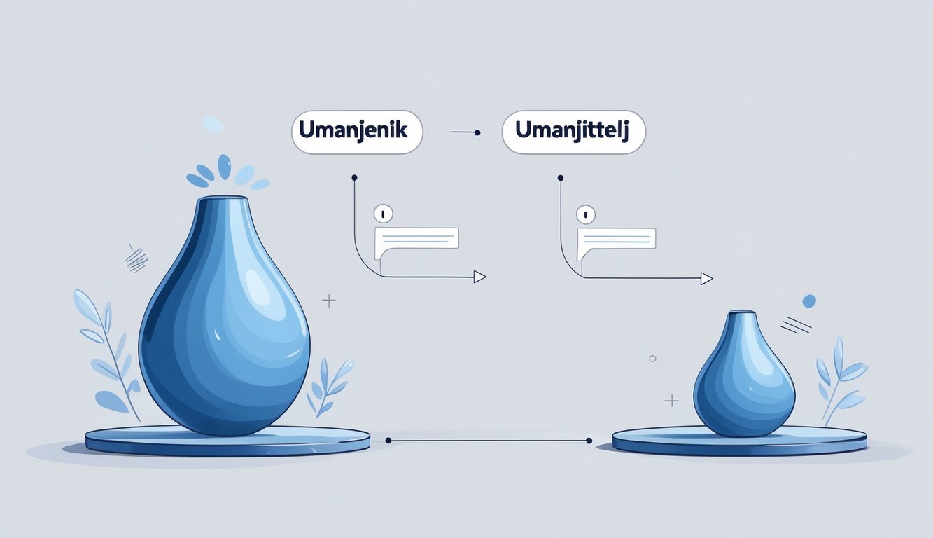 Ilustracija koja prikazuje odnos između osnovne riječi i njezine umanjenice kroz povezane simbole i strelice koje označavaju promjenu.