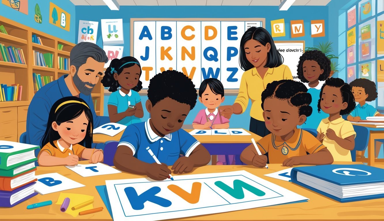 Djeca i odrasli u učionici uče i vježbaju tiskana slova uz pomoć učitelja.