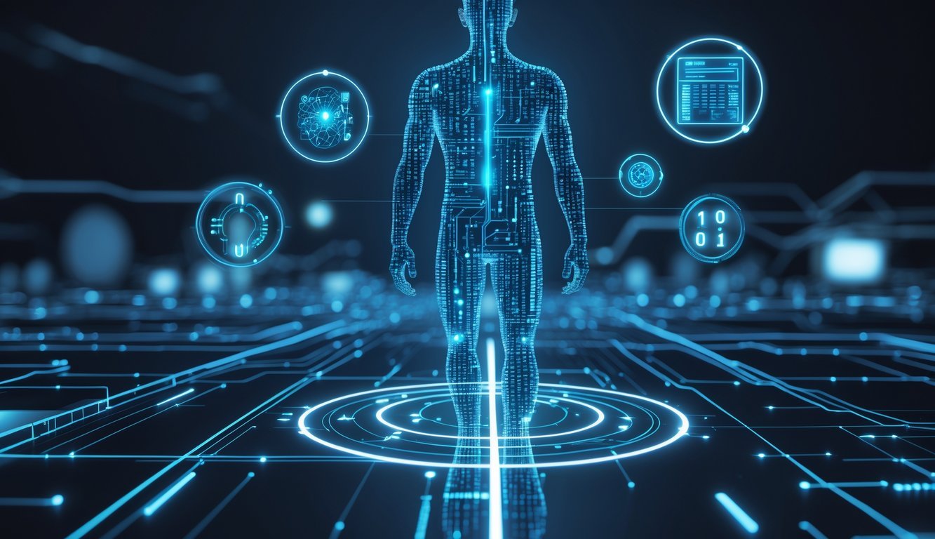 Silhueta čovjeka sastavljena od svjetlećih digitalnih krugova i tokova podataka okružena holografskim ikonama umjetne inteligencije i tehnologije.