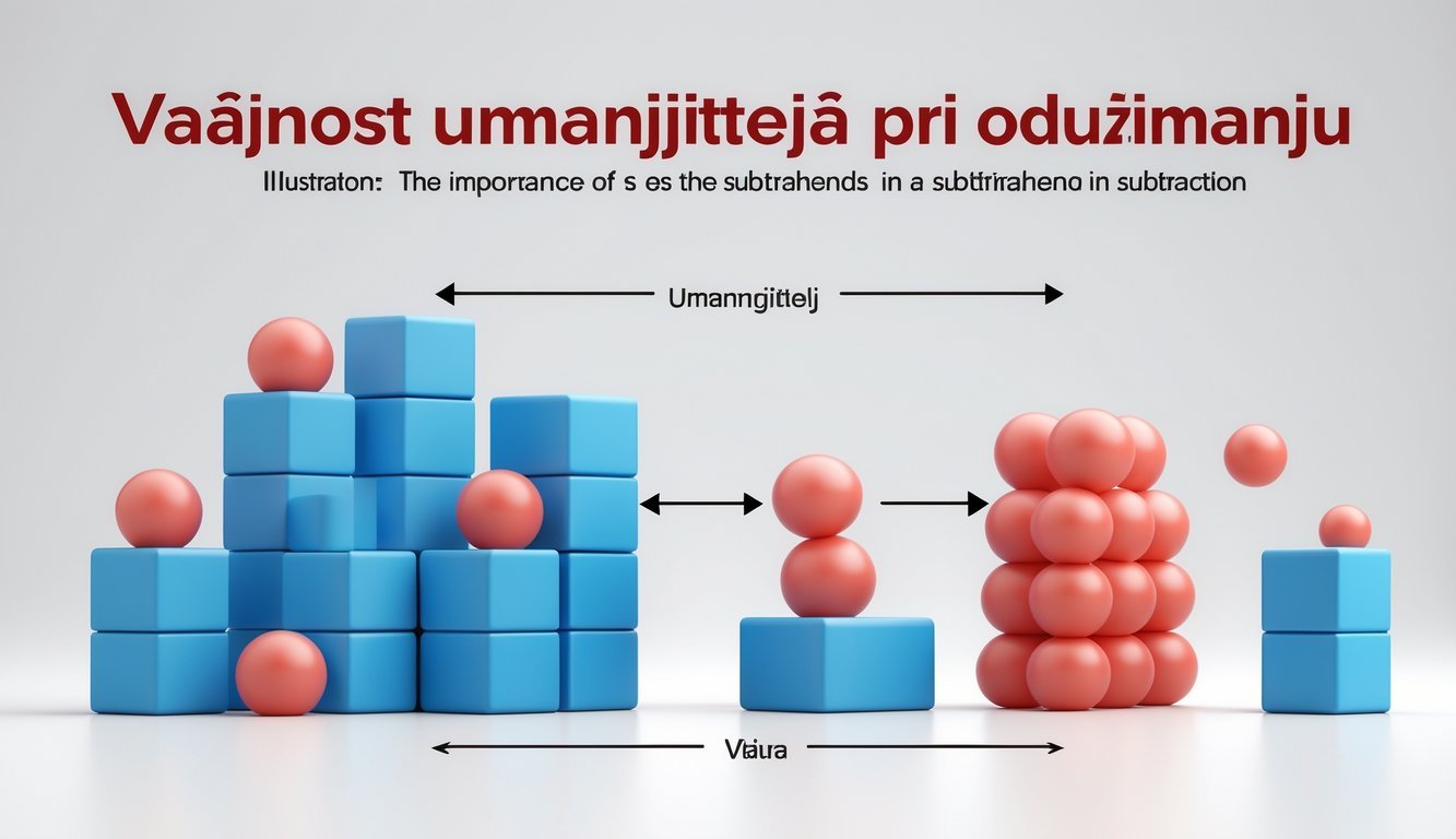 Ilustracija koja prikazuje skup plavih kocki i manji skup crvenih kuglica koje se oduzimaju od plavih kocki.