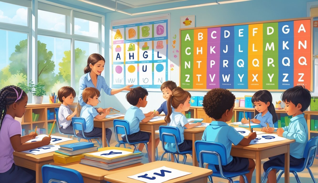 Djeca u učionici uče tiskana slova, dok ih učiteljica vodi kroz proces pisanja i prepoznavanja slova.