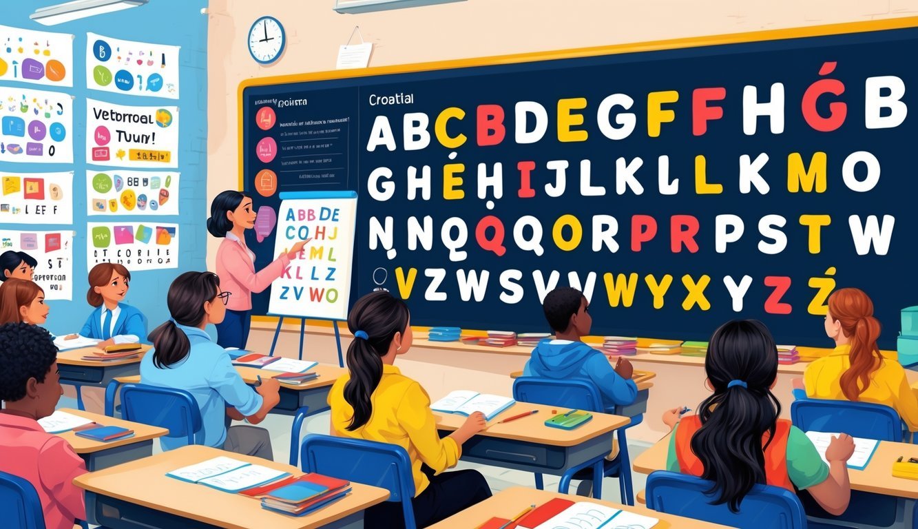 Učionica s učiteljem koji pokazuje na ploču s ispisanim slovima hrvatskog alfabeta, dok učenici sjede i prate lekciju.