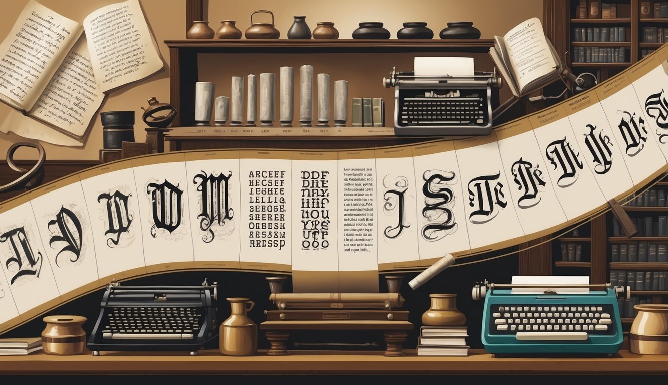 Prikaz povijesti i razvoja tiskanih slova kroz različite faze, od rukopisnih tekstova do modernih digitalnih fontova.