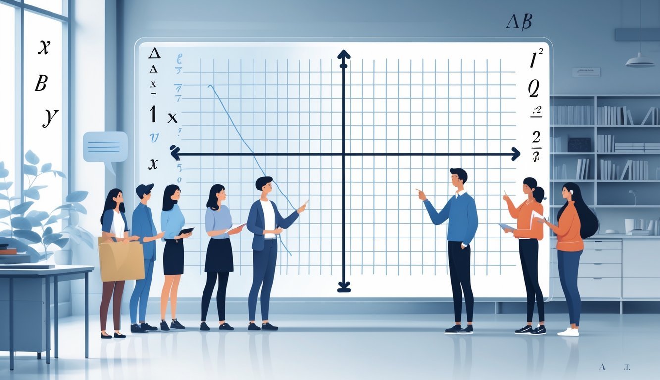 Grupa ljudi okupljena oko ploče s matematičkim jednadžbama i grafovima u učionici.