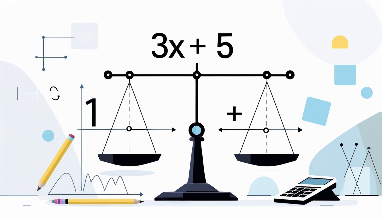 Ilustracija prikazuje vagu s matematičkim izrazima na svakoj strani koja simbolizira rješavanje linearne jednadžbe s jednom nepoznanicom.