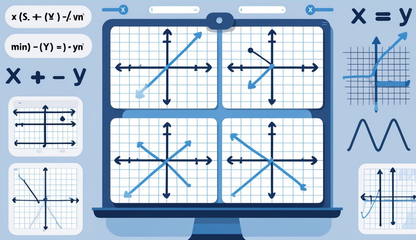 Ilustracija koja prikazuje dvije linearne jednadžbe s dvije nepoznanice i njihov grafički prikaz na koordinatnom sustavu s dvije prave koje se sijeku.