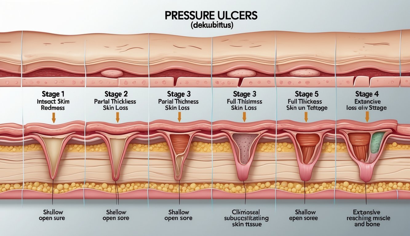 Prikaz različitih stupnjeva dekubitusa na presjeku ljudske kože, od crvenila do dubokih rana.