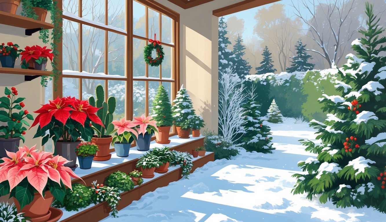 Unutarnji i vanjski prostor zimi s ukrasnim biljkama poput božićnih zvijezda i zimzelenih grmova prekrivenih snijegom.