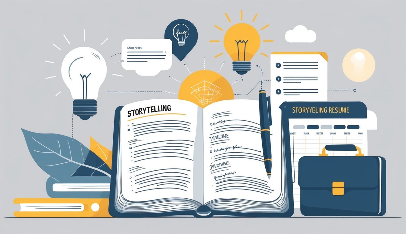 Stol s otvorenom bilježnicom i olovkom, okružen simbolima pripovijedanja i razvoja karijere.