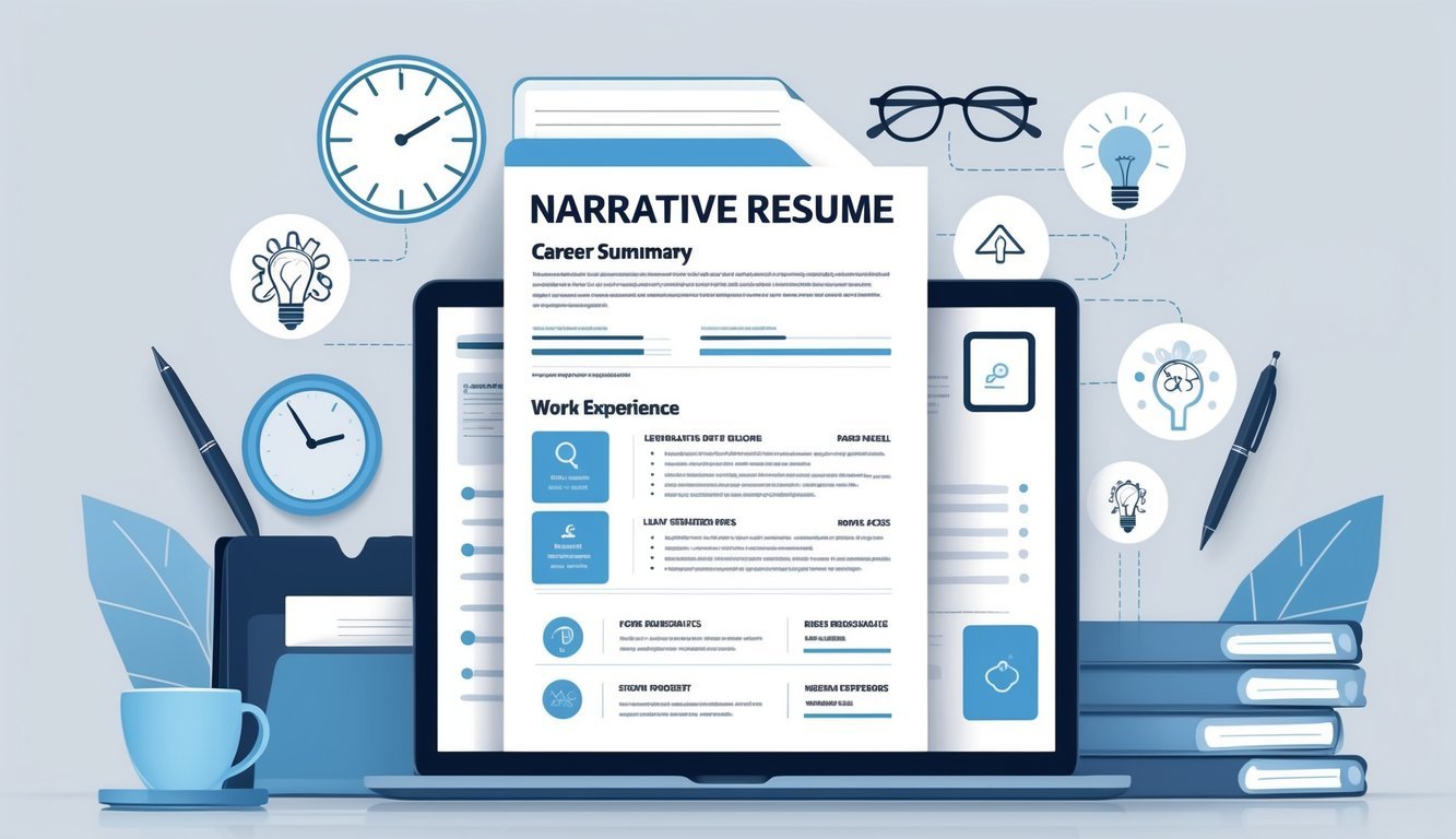 Ilustracija otvorenog dokumenta na stolu s ključnim dijelovima narativnog životopisa i uredskim predmetima u pozadini.