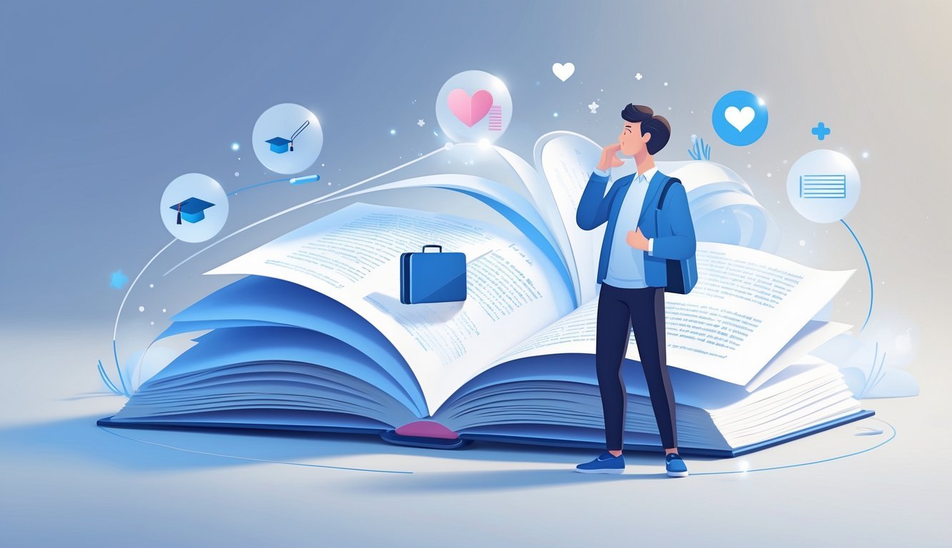 Osoba okružena simbolima životnih priča i vrijednosti, s otvorenom knjigom i vremenskom crtom koja prikazuje ključne životne događaje.