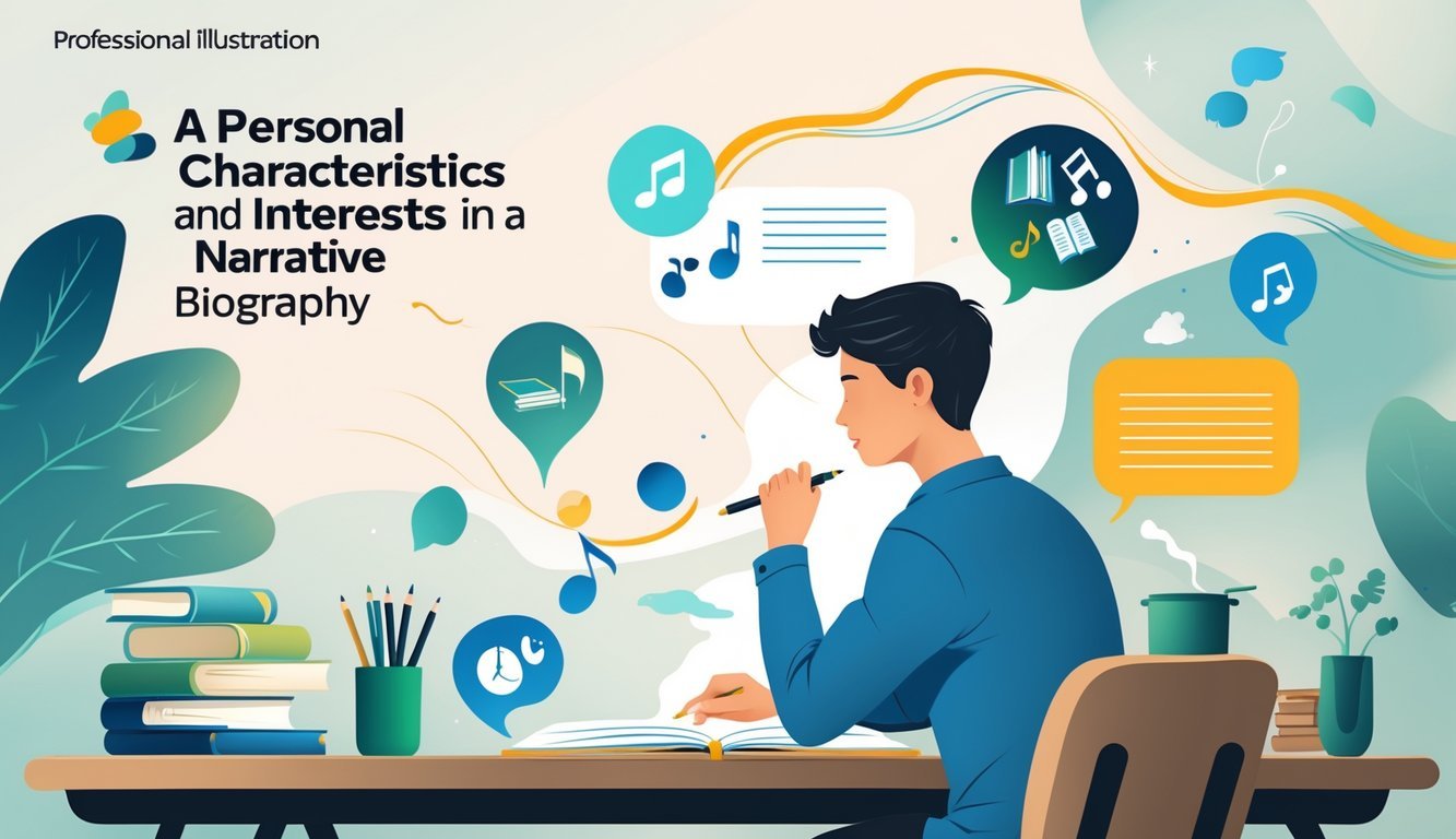 Osoba sjedi za stolom i piše u bilježnicu, okružena simbolima hobija i osobnih karakteristika.