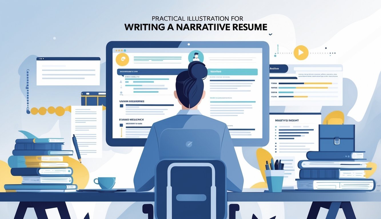 Osoba sjedi za stolom s prijenosnim računalom i bilješkama, okružena simbolima pripovijedanja i razvoja karijere.