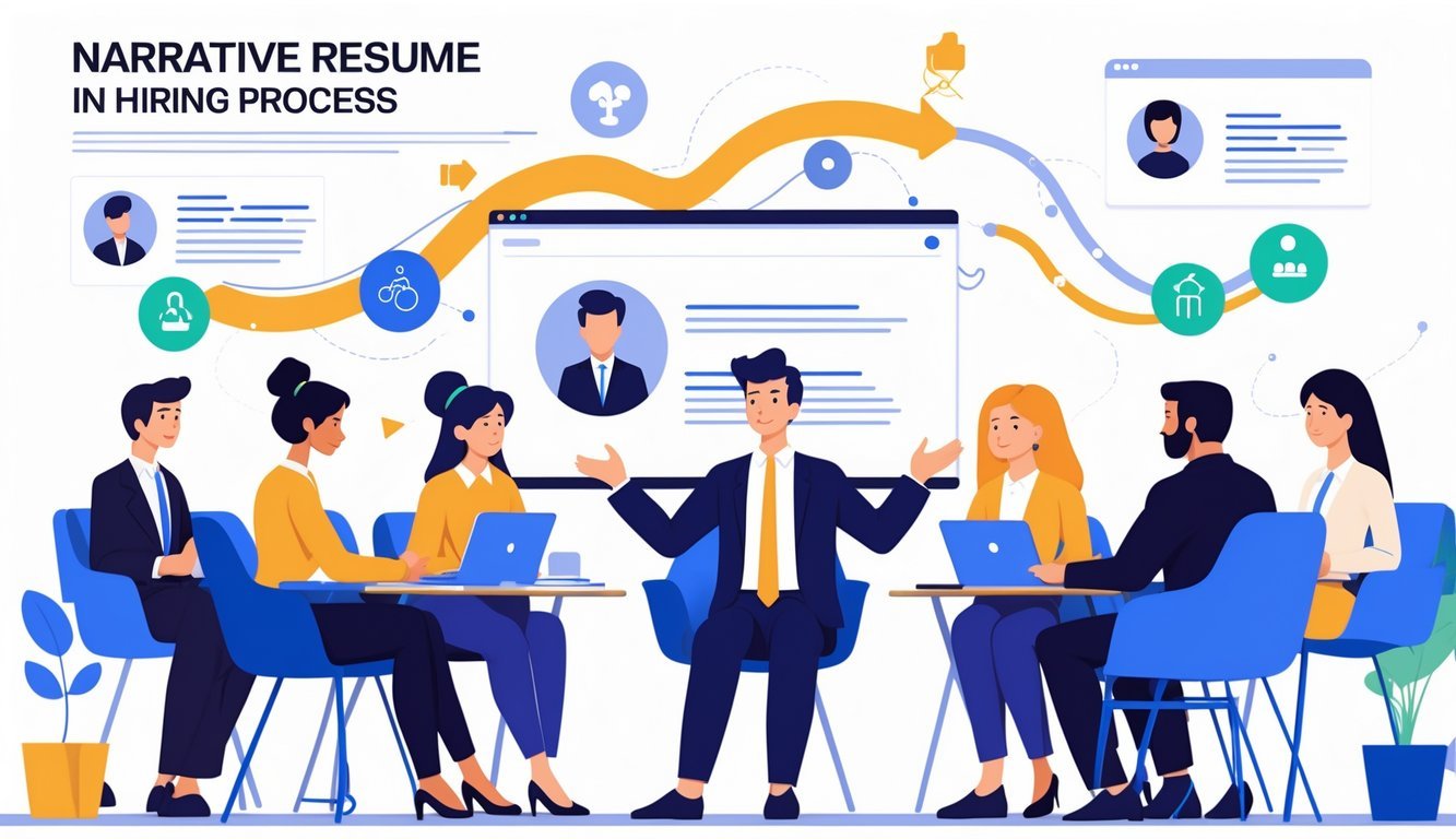 Osoba koja predstavlja svoj narativni životopis pred skupinom ljudi u uredu tijekom razgovora za posao.