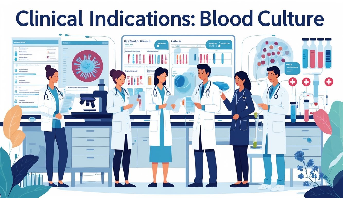 Prikaz zdravstvenih djelatnika koji pregledavaju laboratorijske nalaze u laboratoriju s uzorcima krvi i opremom za hemokulturu.