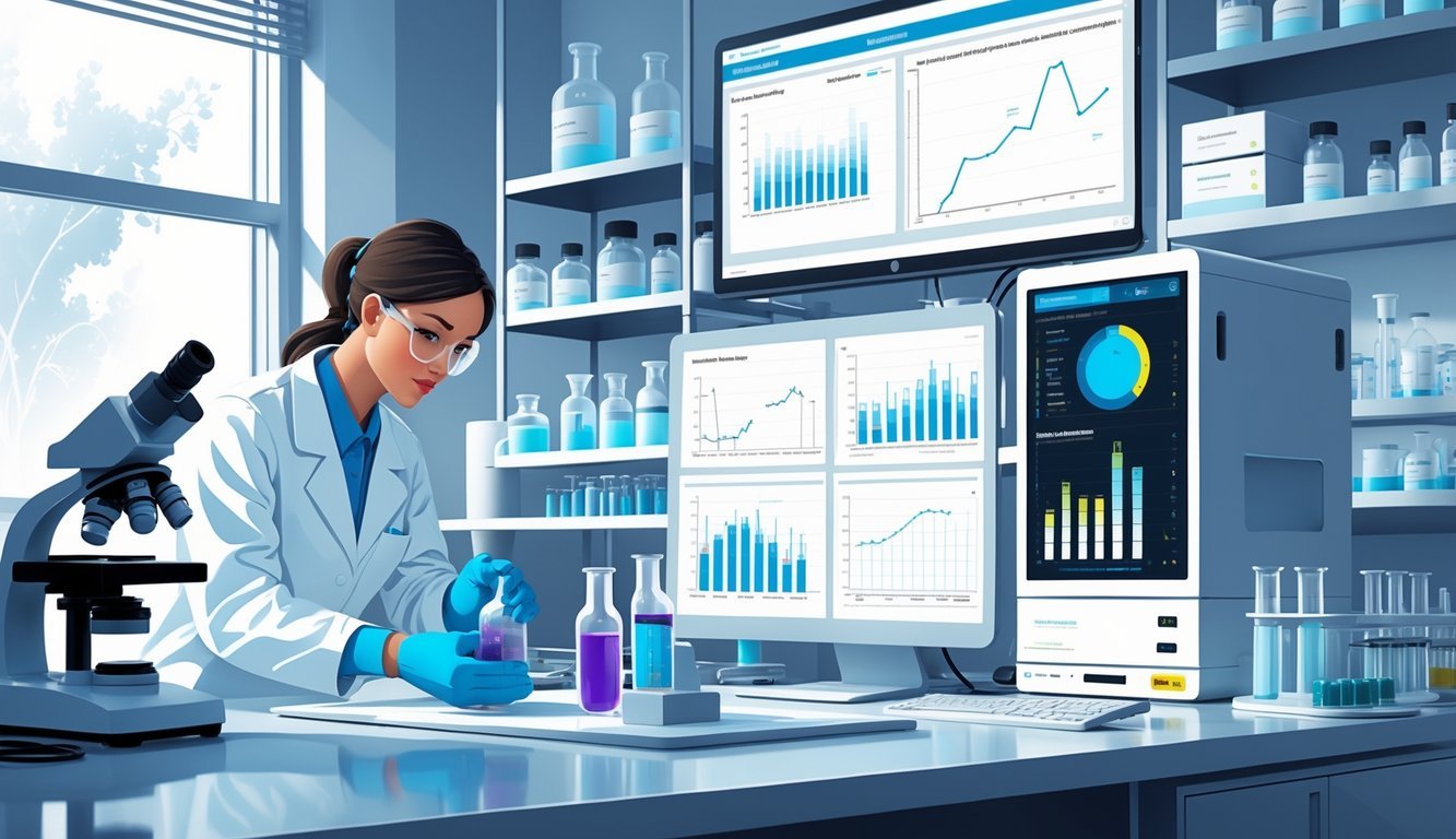 Laboratorijski tehničar rukuje bočicom za hemokulturu u modernom laboratoriju s opremom za analizu i računalnim ekranom koji prikazuje rezultate.