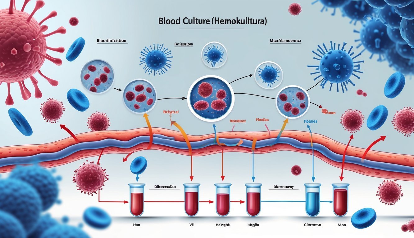 Prikaz ljudskog krvotoka s povećanim prikazom bakterija i gljivica te njihovom povezanosti s kliničkim slikama i medicinskim dijagnostičkim alatima.