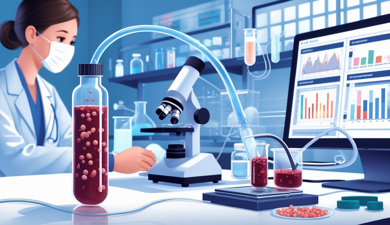 Laboratorijski prikaz uzimanja uzorka krvi za hemokulturu i praćenje terapije i rezistencije, uključujući bočicu za uzorak, mikroskop i zdravstvenog radnika koji analizira rezultate.