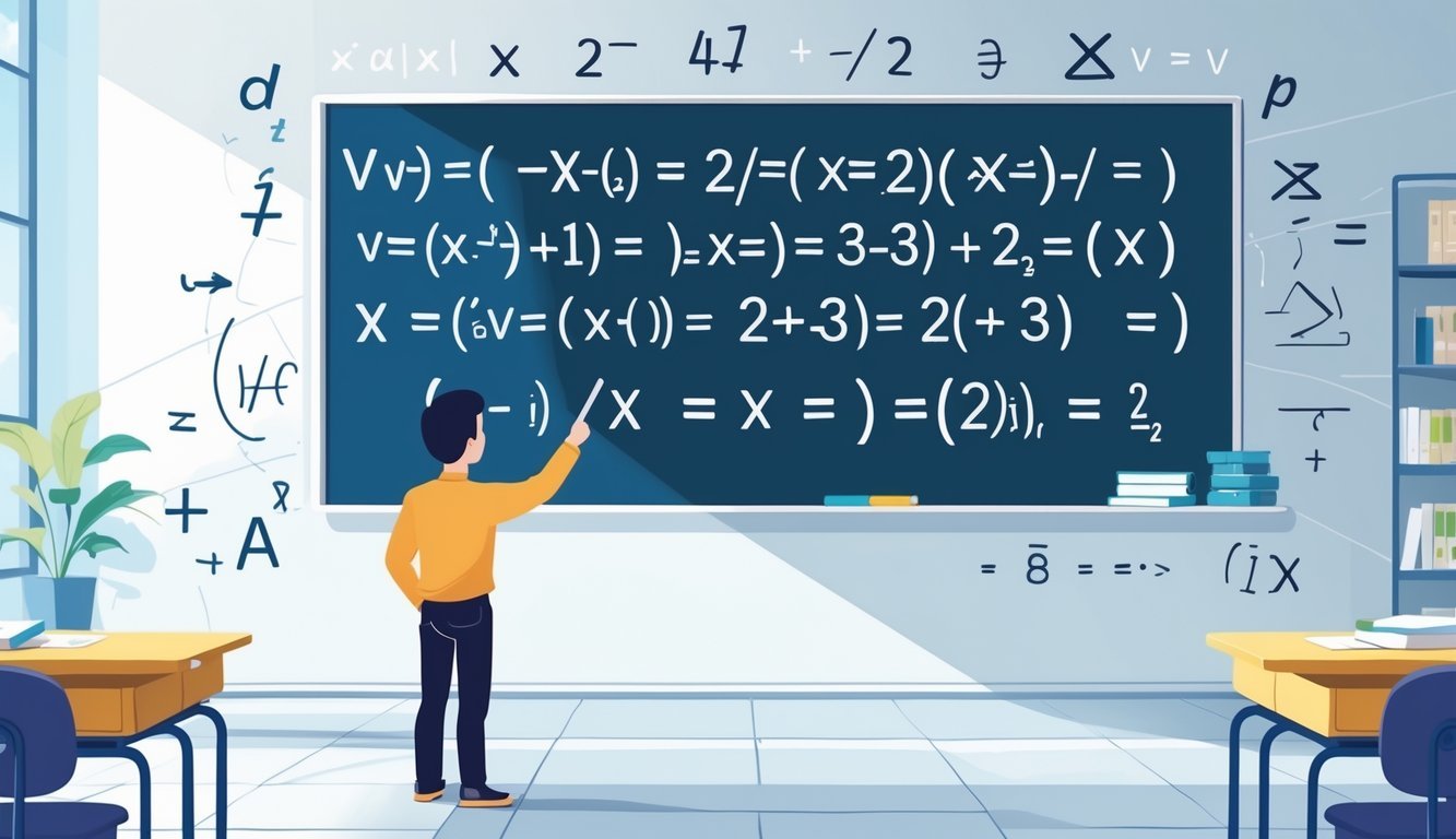 Ilustracija učionice s pločom na kojoj su napisani algebarski izrazi i osoba koja pokazuje prema ploči.