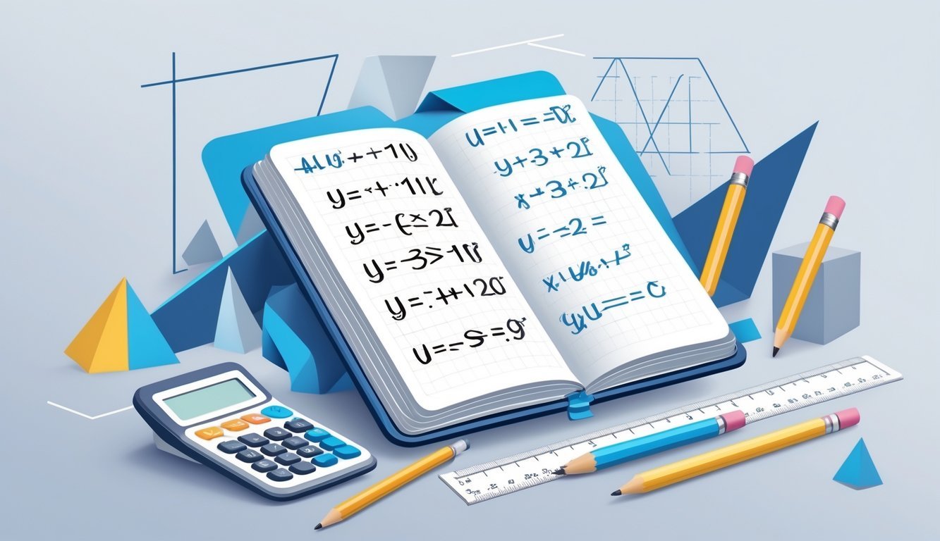 Radni stol s otvorenom bilježnicom u kojoj su napisani matematički izrazi i simboli, okružen kalkulatorom, ravnalom i olovkom.