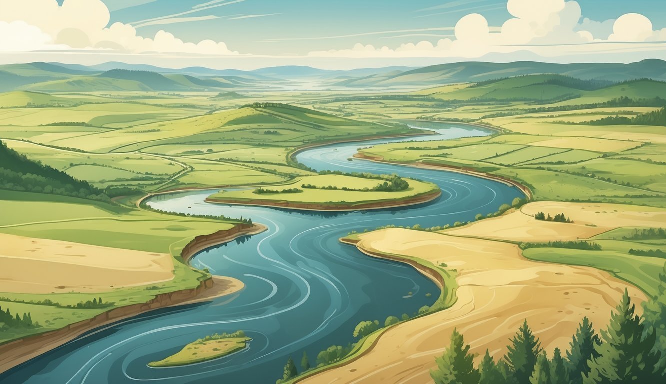 Prikaz niskog krajobraza s blagim brežuljcima, rijekama, jezerima i šumama.