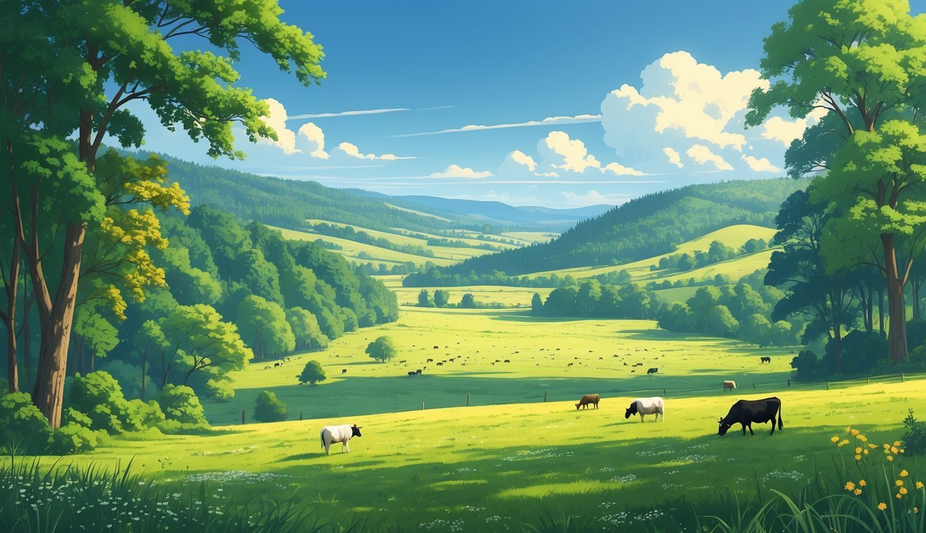 Prikaz nizinskog krajolika s gustim šumama, livadama i pašnjacima gdje pasu stoka.