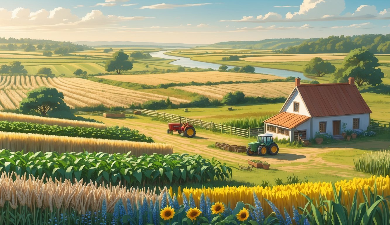 Prikaz plodne nizinske ravnice s poljima usjeva, divljim biljem, rijekom i tradicionalnom seoskom kućom.